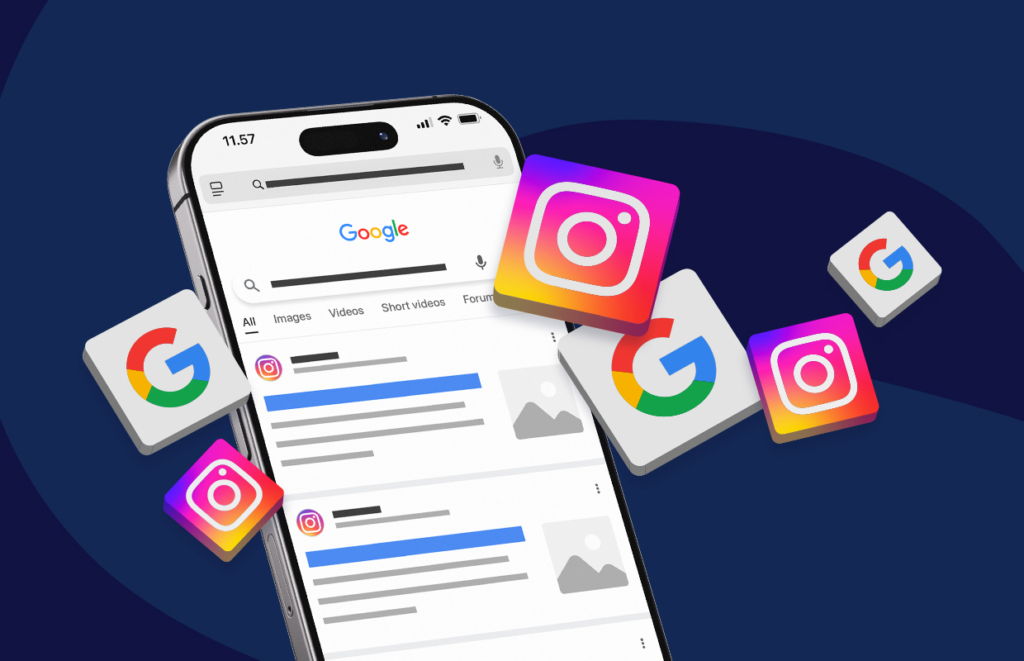 En mobil, der viser Googles søgeresultater med Instagram-opslag, samt Instagram- og Google-logoer, der svæver rundt om den.