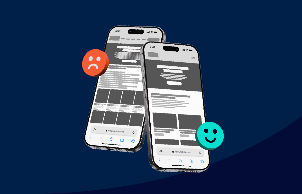 To smartphones vises side om side på en mørkeblå baggrund. Den ene skærm viser et webstedsdesign med en trist emoji, mens den anden viser et gladere design med en smilende emoji, hvilket illustrerer forskelle på brugeroplevelse / user experience (UX).