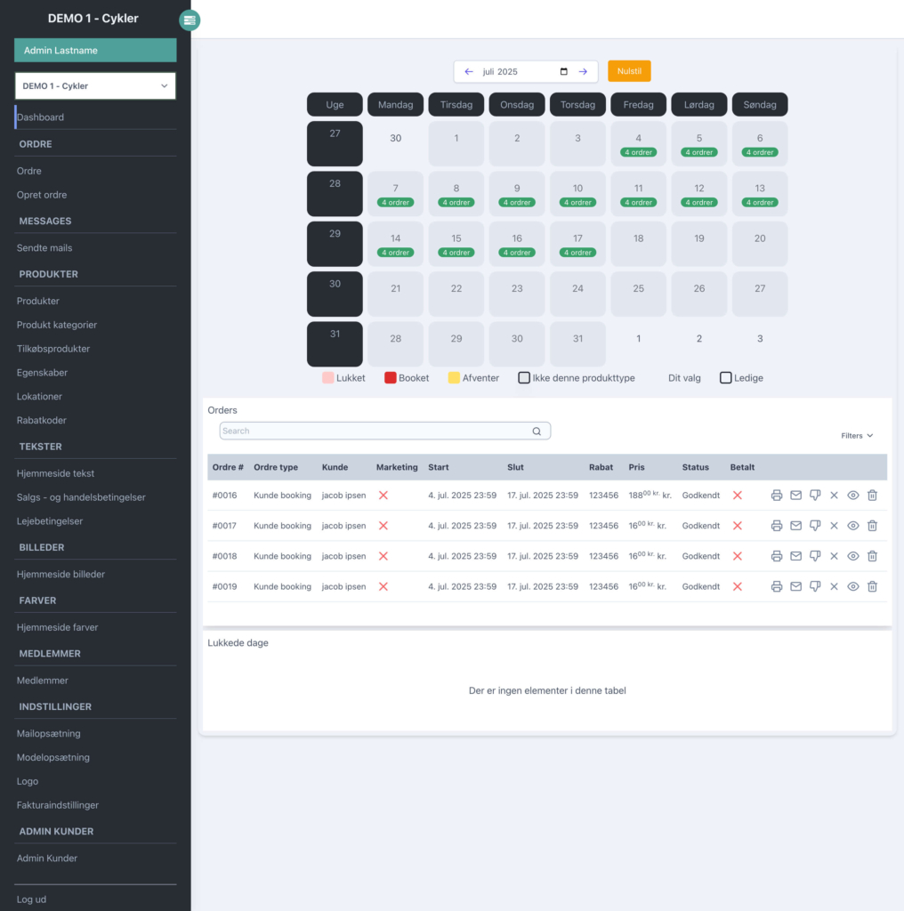 FlexiFy booking dashboard skærmbillede